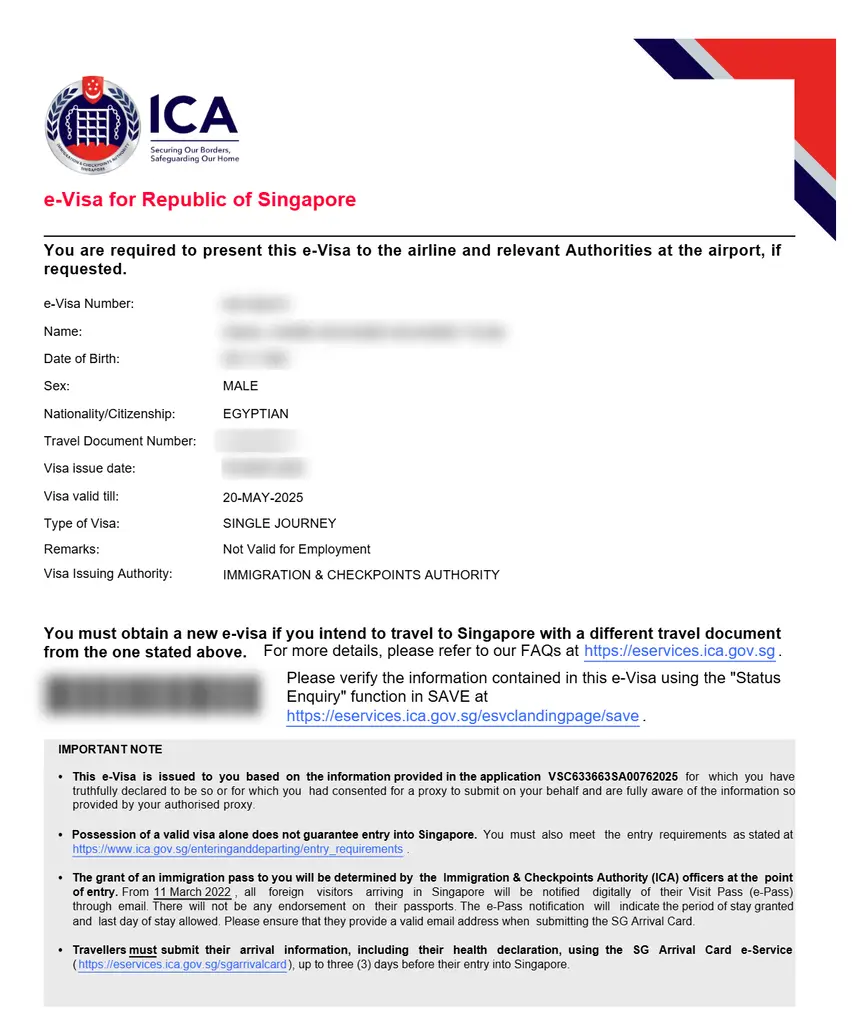 Singapore Arrival Card – sample document